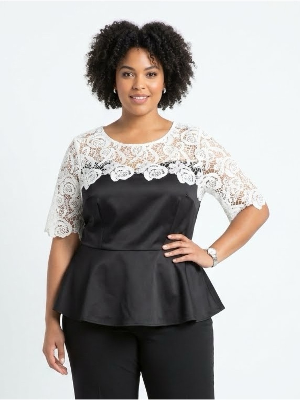 Eloquii Black Peplum Jumpsuit with White Lace Bodice